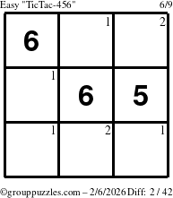 The grouppuzzles.com Easy TicTac-456 puzzle for Friday February 6, 2026 with the first 2 steps marked