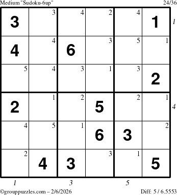 The grouppuzzles.com Medium Sudoku-6up puzzle for Friday February 6, 2026, suitable for printing, with all 5 steps marked