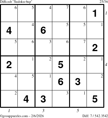 The grouppuzzles.com Difficult Sudoku-6up puzzle for Friday February 6, 2026 with all 7 steps marked