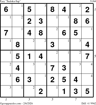 The grouppuzzles.com Easy Sudoku-8up puzzle for Friday February 6, 2026, suitable for printing, with all 4 steps marked