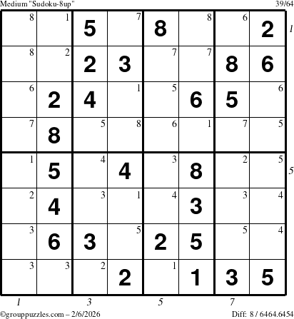 The grouppuzzles.com Medium Sudoku-8up puzzle for Friday February 6, 2026, suitable for printing, with all 8 steps marked