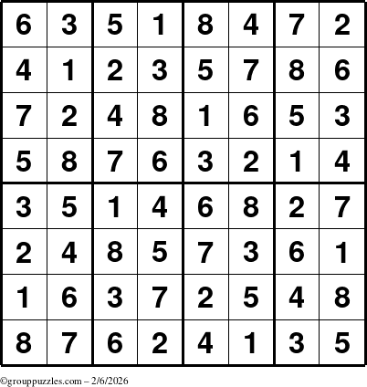 The grouppuzzles.com Answer grid for the Sudoku-8up puzzle for Friday February 6, 2026