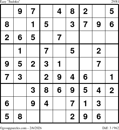The grouppuzzles.com Easy Sudoku puzzle for Friday February 6, 2026