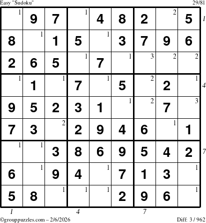 The grouppuzzles.com Easy Sudoku puzzle for Friday February 6, 2026, suitable for printing, with all 3 steps marked