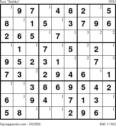The grouppuzzles.com Easy Sudoku puzzle for Friday February 6, 2026 with the first 3 steps marked