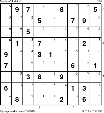The grouppuzzles.com Medium Sudoku puzzle for Friday February 6, 2026 with all 8 steps marked