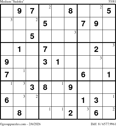 The grouppuzzles.com Medium Sudoku puzzle for Friday February 6, 2026 with the first 3 steps marked
