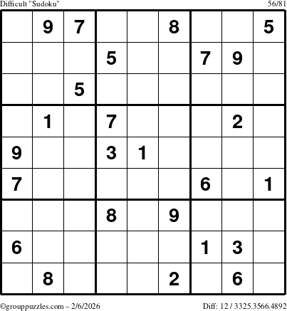 The grouppuzzles.com Difficult Sudoku puzzle for Friday February 6, 2026