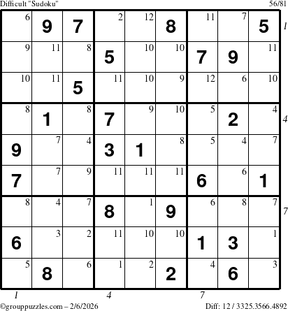 The grouppuzzles.com Difficult Sudoku puzzle for Friday February 6, 2026, suitable for printing, with all 12 steps marked