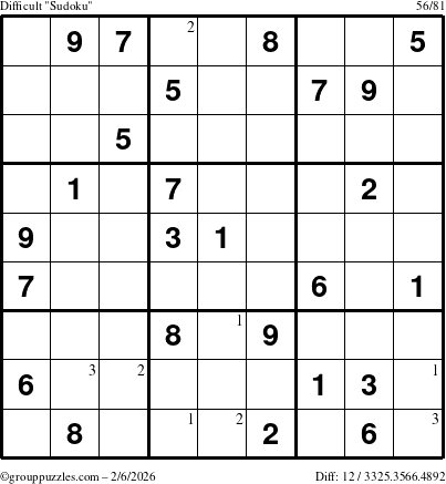 The grouppuzzles.com Difficult Sudoku puzzle for Friday February 6, 2026 with the first 3 steps marked