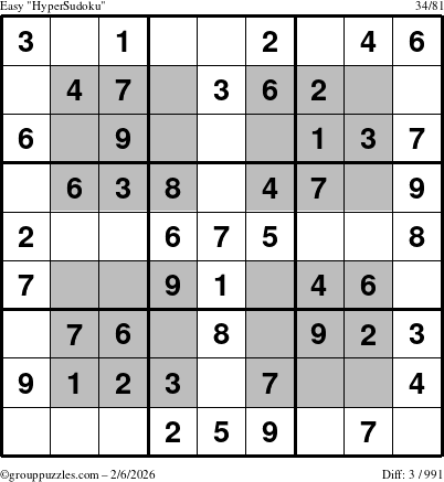 The grouppuzzles.com Easy HyperSudoku puzzle for Friday February 6, 2026