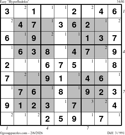 The grouppuzzles.com Easy HyperSudoku puzzle for Friday February 6, 2026, suitable for printing, with all 3 steps marked