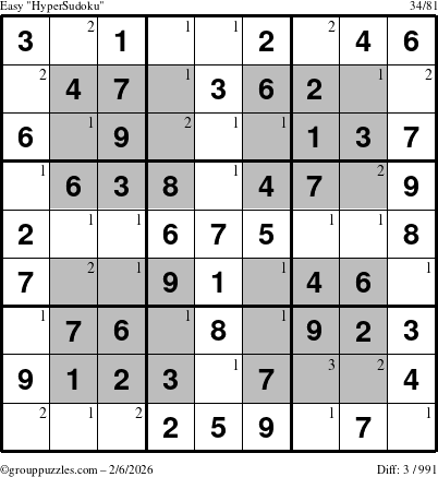 The grouppuzzles.com Easy HyperSudoku puzzle for Friday February 6, 2026 with the first 3 steps marked