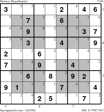 The grouppuzzles.com Medium HyperSudoku puzzle for Friday February 6, 2026, suitable for printing, with all 8 steps marked