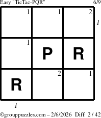 The grouppuzzles.com Easy TicTac-PQR puzzle for Friday February 6, 2026, suitable for printing, with all 2 steps marked