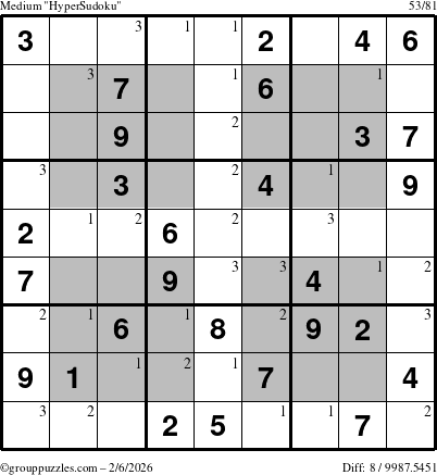 The grouppuzzles.com Medium HyperSudoku puzzle for Friday February 6, 2026 with the first 3 steps marked