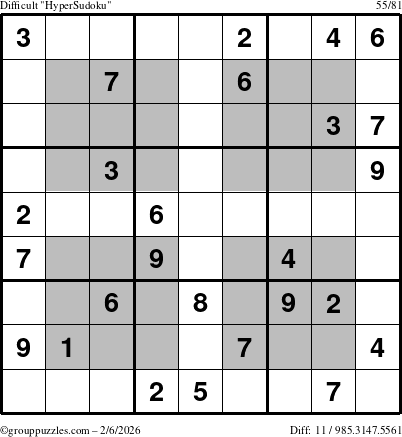 The grouppuzzles.com Difficult HyperSudoku puzzle for Friday February 6, 2026