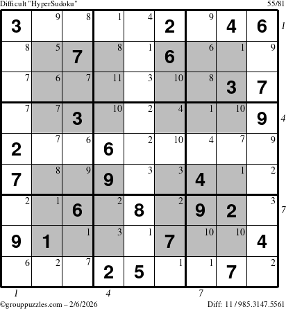 The grouppuzzles.com Difficult HyperSudoku puzzle for Friday February 6, 2026 with all 11 steps marked
