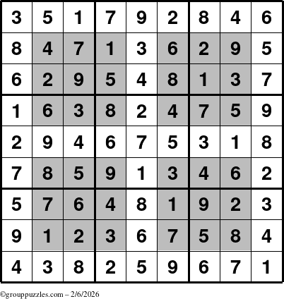 The grouppuzzles.com Answer grid for the HyperSudoku puzzle for Friday February 6, 2026