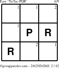The grouppuzzles.com Easy TicTac-PQR puzzle for Friday February 6, 2026 with the first 2 steps marked
