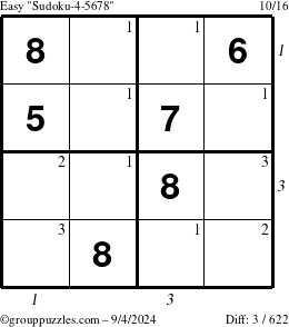 The grouppuzzles.com Easy Sudoku-4-5678 puzzle for Wednesday September 4, 2024, suitable for printing, with all 3 steps marked