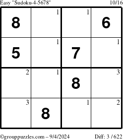 The grouppuzzles.com Easy Sudoku-4-5678 puzzle for Wednesday September 4, 2024 with the first 3 steps marked