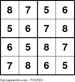 The grouppuzzles.com Answer grid for the Sudoku-4-5678 puzzle for Wednesday September 4, 2024