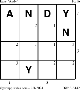 The grouppuzzles.com Easy Andy puzzle for Wednesday September 4, 2024 with all 3 steps marked