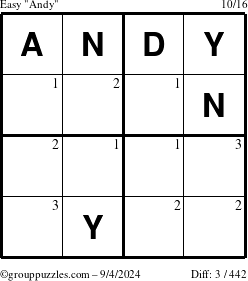 The grouppuzzles.com Easy Andy puzzle for Wednesday September 4, 2024 with the first 3 steps marked