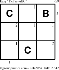 The grouppuzzles.com Easy TicTac-ABC puzzle for Wednesday September 4, 2024, suitable for printing, with all 2 steps marked