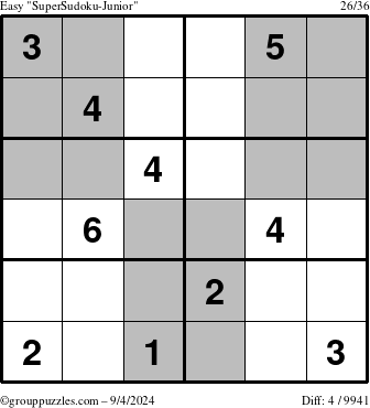 The grouppuzzles.com Easy SuperSudoku-Junior puzzle for Wednesday September 4, 2024