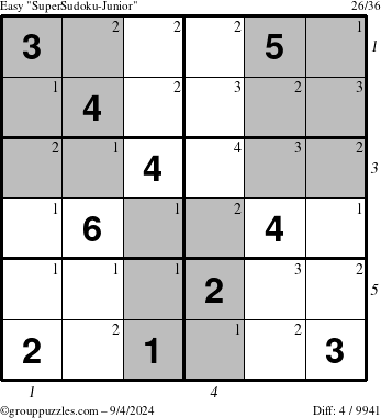 The grouppuzzles.com Easy SuperSudoku-Junior puzzle for Wednesday September 4, 2024 with all 4 steps marked