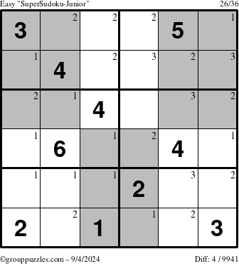 The grouppuzzles.com Easy SuperSudoku-Junior puzzle for Wednesday September 4, 2024 with the first 3 steps marked