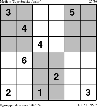 The grouppuzzles.com Medium SuperSudoku-Junior puzzle for Wednesday September 4, 2024