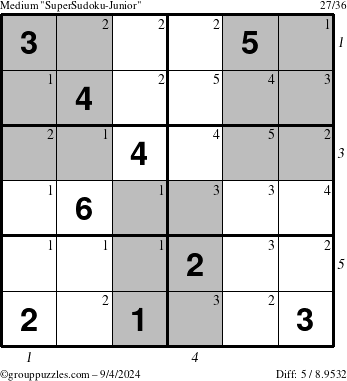 The grouppuzzles.com Medium SuperSudoku-Junior puzzle for Wednesday September 4, 2024 with all 5 steps marked