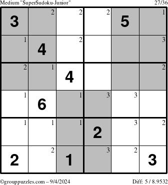 The grouppuzzles.com Medium SuperSudoku-Junior puzzle for Wednesday September 4, 2024 with the first 3 steps marked