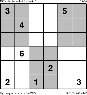 The grouppuzzles.com Difficult SuperSudoku-Junior puzzle for Wednesday September 4, 2024