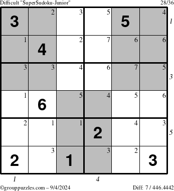 The grouppuzzles.com Difficult SuperSudoku-Junior puzzle for Wednesday September 4, 2024 with all 7 steps marked