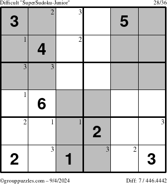 The grouppuzzles.com Difficult SuperSudoku-Junior puzzle for Wednesday September 4, 2024 with the first 3 steps marked