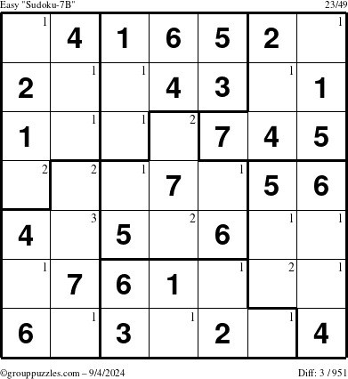 The grouppuzzles.com Easy Sudoku-7B puzzle for Wednesday September 4, 2024 with the first 3 steps marked