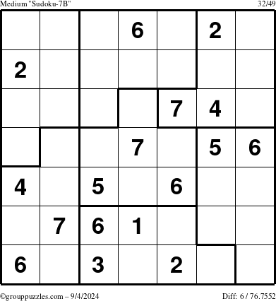 The grouppuzzles.com Medium Sudoku-7B puzzle for Wednesday September 4, 2024