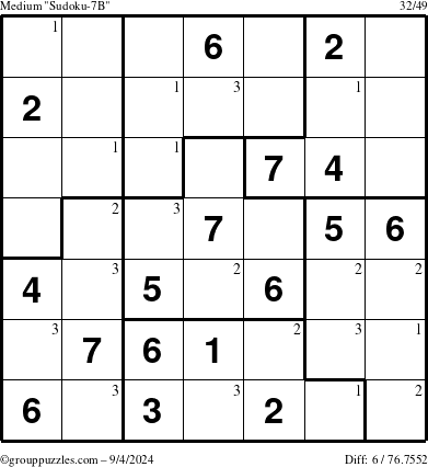 The grouppuzzles.com Medium Sudoku-7B puzzle for Wednesday September 4, 2024 with the first 3 steps marked