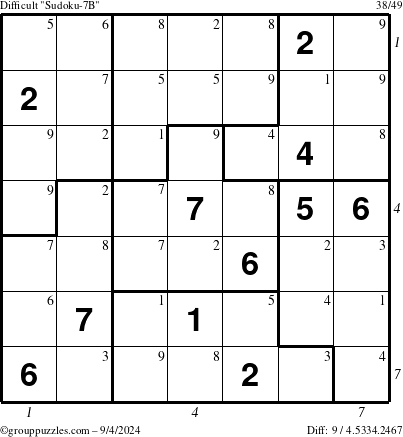 The grouppuzzles.com Difficult Sudoku-7B puzzle for Wednesday September 4, 2024 with all 9 steps marked