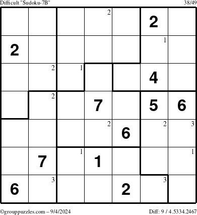 The grouppuzzles.com Difficult Sudoku-7B puzzle for Wednesday September 4, 2024 with the first 3 steps marked