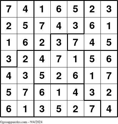 The grouppuzzles.com Answer grid for the Sudoku-7B puzzle for Wednesday September 4, 2024