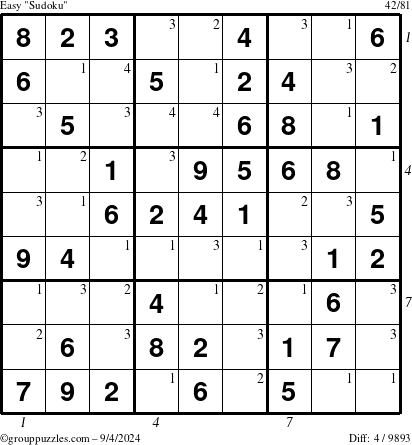 The grouppuzzles.com Easy Sudoku puzzle for Wednesday September 4, 2024, suitable for printing, with all 4 steps marked