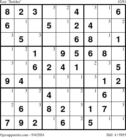 The grouppuzzles.com Easy Sudoku puzzle for Wednesday September 4, 2024 with the first 3 steps marked