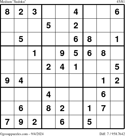 The grouppuzzles.com Medium Sudoku puzzle for Wednesday September 4, 2024