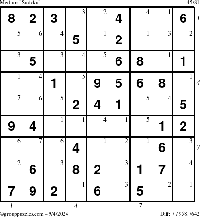 The grouppuzzles.com Medium Sudoku puzzle for Wednesday September 4, 2024 with all 7 steps marked