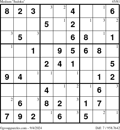 The grouppuzzles.com Medium Sudoku puzzle for Wednesday September 4, 2024 with the first 3 steps marked